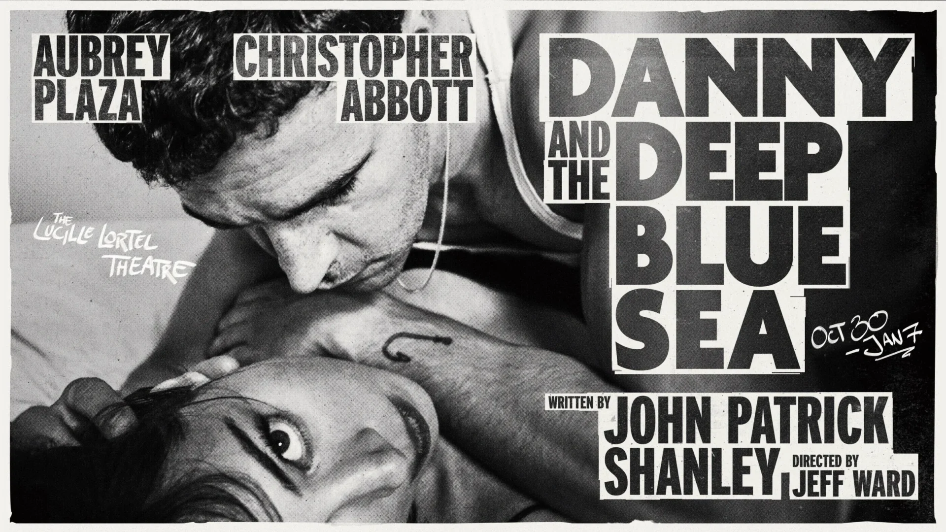 A black and white poster of two people in the ocean.